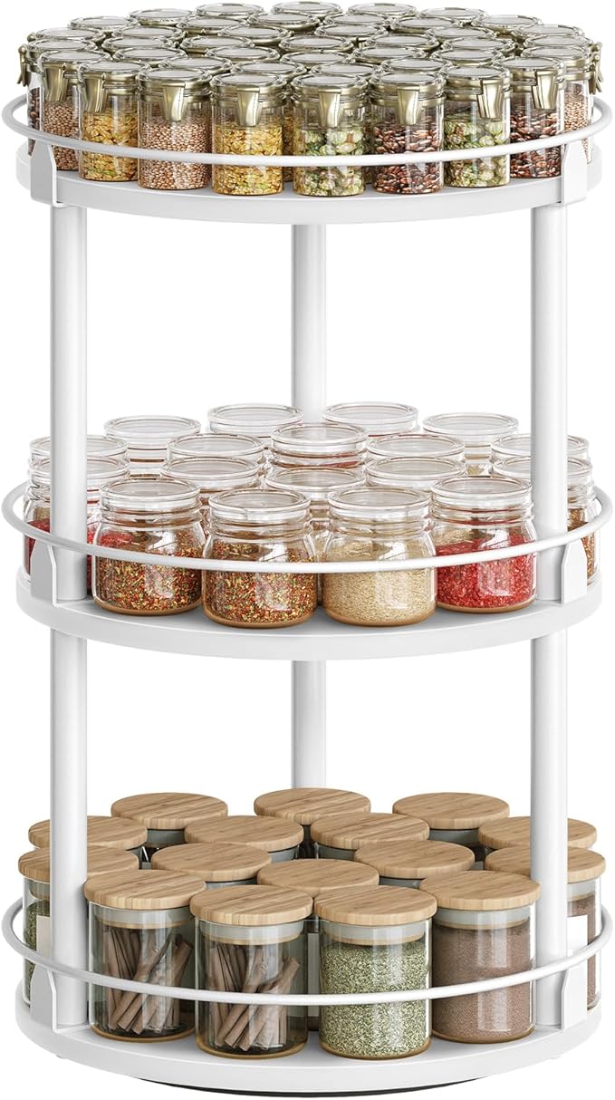 Lazy Susan Organizer, Rotating Spice Rack, 3 Tier Spice Turntable Organizer, Industrial Turntable Spice Holder, for Kitchen Countertop and Cabinet, Compact and Versatile, White SR23WW