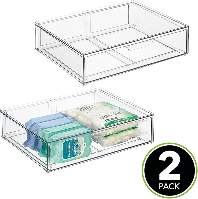mDesign Wide Plastic Stackable Bathroom Storage Organizer Bin with Pull Out Drawer for Cabinet, Vanity, Shelf, Cupboard, Cabinet, Countertop, Closet Organization - Lumiere Collection - 2 Pack - Clear