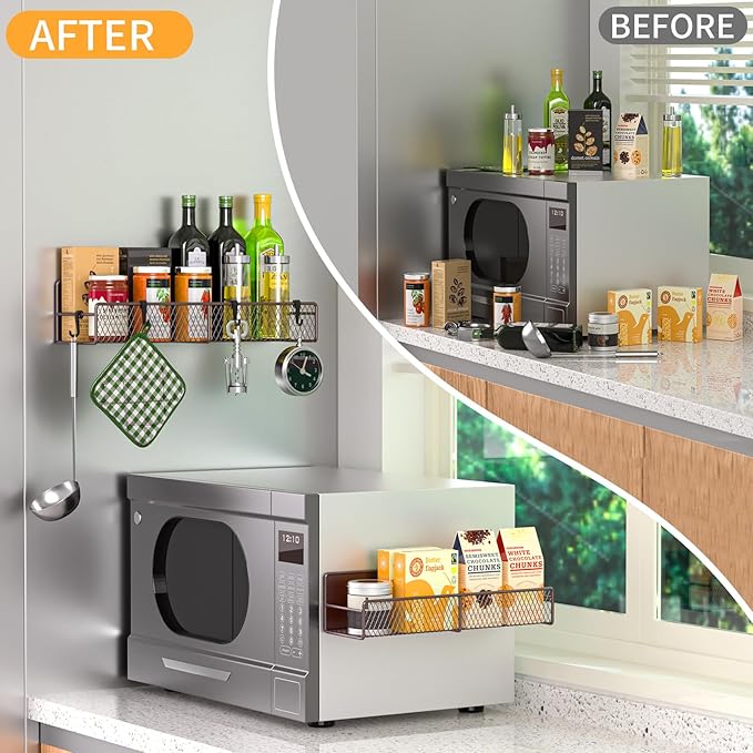 Magnetic Spice Rack for Refrigerator, 2 Pack 100% Metal Strong Magnet Shelf, Space Saving Spice Organizer W/ Hooks, Movable Magnetic Fridge Shelf, Kitchen Home Laundry Room Storage Organization, Brown