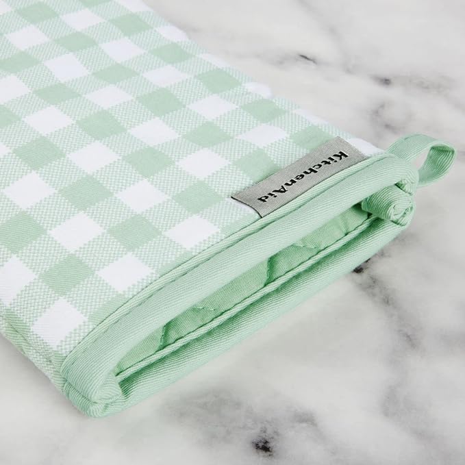 KitchenAid Gingham Oven Mitt 2-Pack Set, Pistachio, 7"x13"