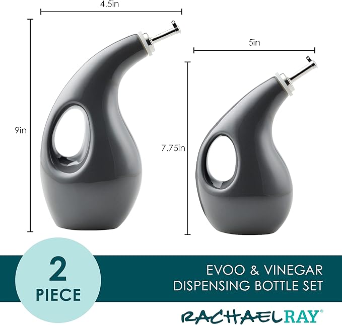 Rachael Ray Serveware Ceramic EVOO Oil and Vinegar Dispensing Bottle Set, 2 Piece, Gray