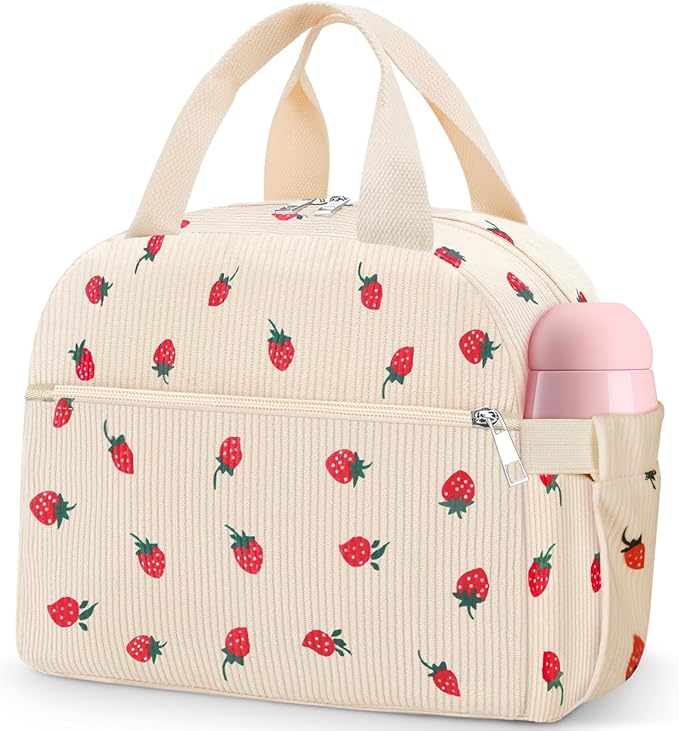 Lunch Bag Lunch Box for Women Adults Men, Cute Strawberry Corduroy Insulated Reusable Work Leakproof Simple Large Lunch Boxes Tote Bag Cooler Bag