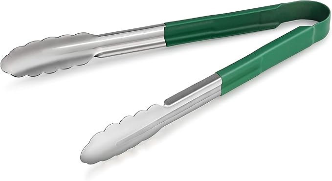 New Star Foodservice 35766 12-Inch Utility Spring Tongs, Stainless Steel, Vinyl Coated, Set of 12, Green