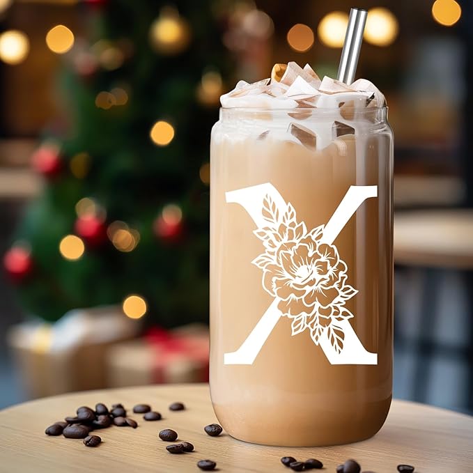 Coolife Initial Glass Cup, Monogrammed Gifts for Women, 16 oz Glass Cups w/Lids Straws, Iced Coffee Smoothie Beer Tumbler w/Straw Lid - Personalized Christmas, Birthday Gifts for Her Mom Friend Woman