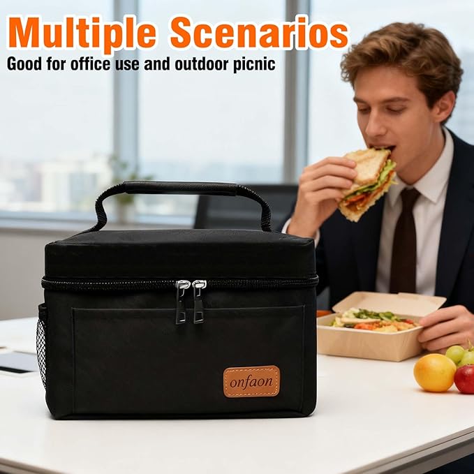 Lunch Bag for Men/Women, Insulated Reusable Lunch Box Leakproof Cooler Tote Bag Freezable with Adjustable Shoulder Strap for Office Work Picnic Beach(Black)