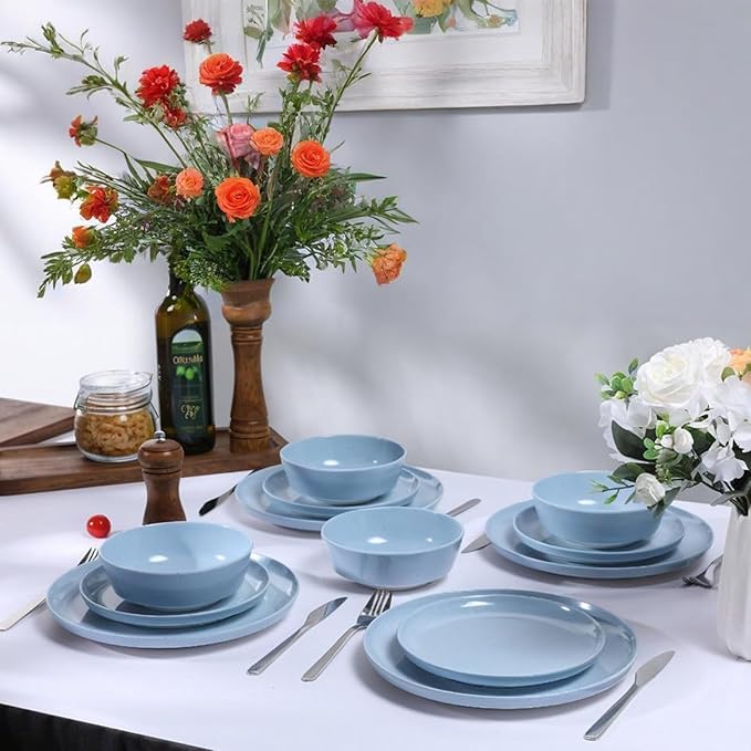 Webbylee 10.25" Melamine Dinner Plates Set of 6 - Durable Serving Dishes Perfect for Kitchen Outdoor Use, Dishwasher Safe,Scratch Resistant-Blue & Beige