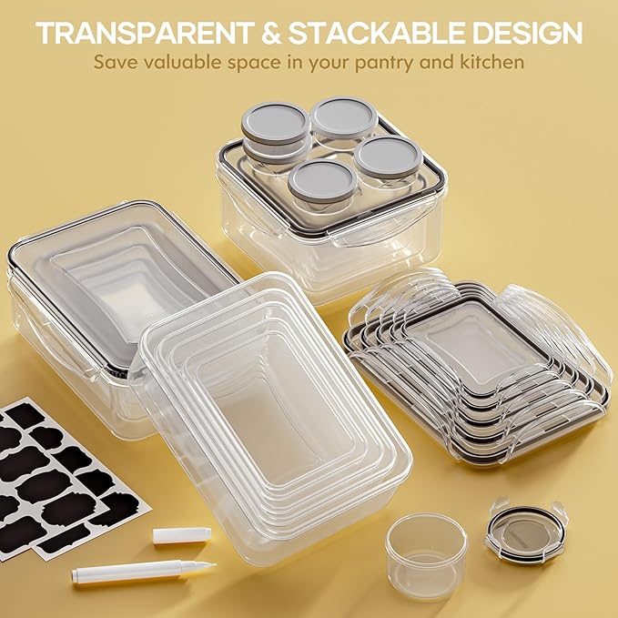 50-Piece Food Storage Containers with Lids (25 Containers & 25 Lids), Airtight Reusable Meal Prep Containers for Lunch, Plastic Kitchen Storage Containers with Labels & Marker Pen