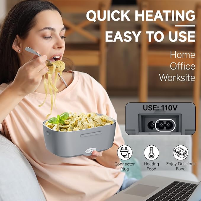 Heated Lunch Box for Men&Women - 80W Electric Lunch Box for Adults with Dual 1.5L 304 Stainless Steel Containers Fast Heating Portable Food Warmer for Car&Truck lonchera eléctrica portátil