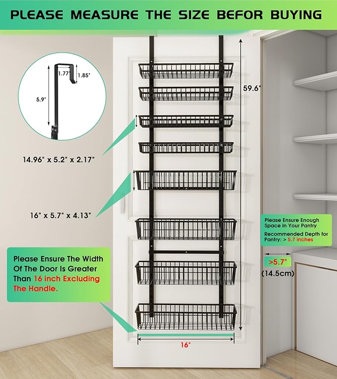 Over The Door Pantry Organizer, Pantry Organization and Storage, 8-Tier Deep Baskets Hanging Heavy-Duty Metal, Wall Spice Rack Seasoning Shelves for Home & Kitchen, Laundry Room Bathroom, Black