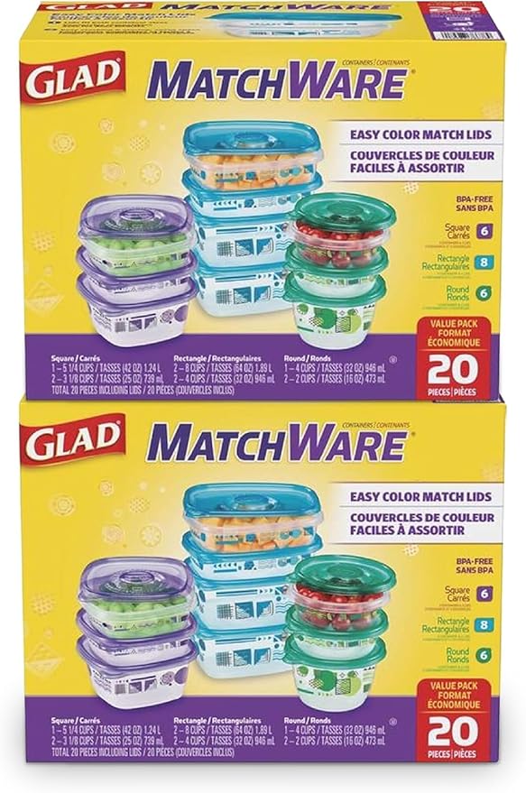Glad GladWare Matchware Food Storage Containers, Value Pack - BPA Free Containers and Lids in a Variety of Sizes to Hold and Store Food Lock Tight Seal, 20 Count - 2 Pack