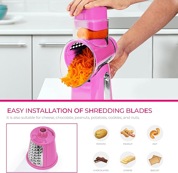 SUSTEAS Rotary Cheese Grater with Handle - Vegetable Shredder with 5 Well-designed Blades & Strong Suction Base,Round Mandoline Slicer & Food Chopper for Kitchen,with Blade Storage Box(Pink)