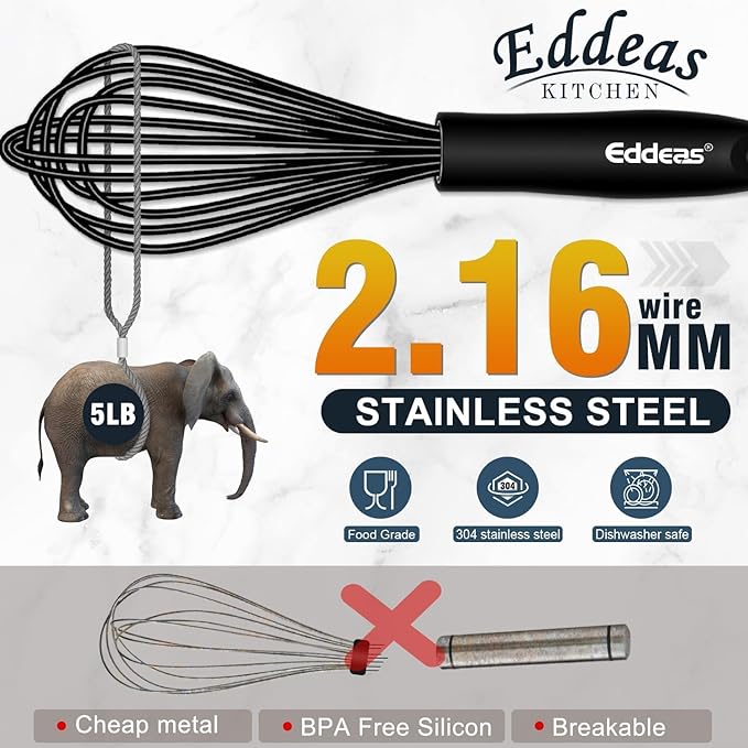 Silicone Whisk,Non Scratch Whisk for Cooking, 5+7+9+11in Balloon Whisks, Suitable for Mixing, Blending Whipping.11in Flat Whisks great for Ceramic Coated pans and Wider shallower pots.