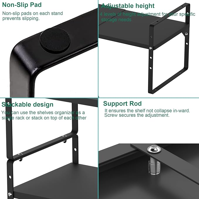 iPEGTOP Expandable Cabinet Storage Shelf Organizer Rack, Heavy Duty Cupboard Stand Spice Rack Adjustable Height Pantry Garage Shelf Space Riser for Counter Kitchen Organization, Black, 1 Pack