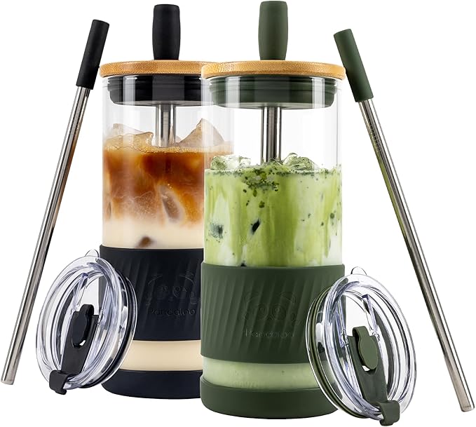 Pandaloo® Glass Cups With Lids and Straws -20 Fl Oz- Perfect Size Iced Coffee Cup - Smoothie Cup With Bamboo Lid and On the go Lid - (2 Count (Pack of 1), Black Saphir-Mediterranean Olive)
