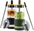 Pandaloo® Glass Cups With Lids and Straws -20 Fl Oz- Perfect Size Iced Coffee Cup - Smoothie Cup With Bamboo Lid and On the go Lid - (2 Count (Pack of 1), Black Saphir-Mediterranean Olive)