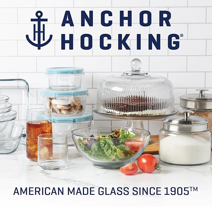 Anchor Hocking 12 Piece Glass Storage Containers with Lids (6 Glass Food Storage Containers & 6 Navy Blue SnugFit Lids)