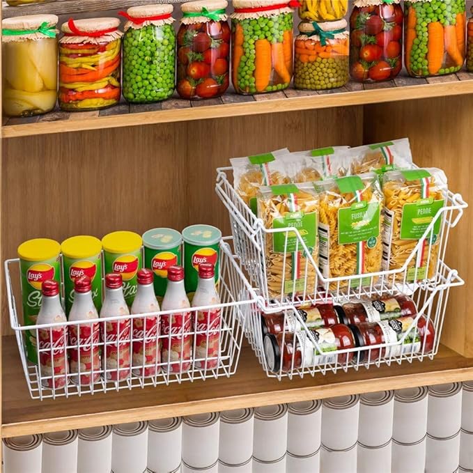 SANNO Stackable Wire Baskets for Organizing Pantry Storage and Organization Metal Bins Fruit Vegetable Organization Pantry Cabinet Metal Bin for Kitchen Counter Bathroom Shelves Storage，White,4