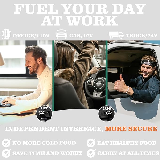 Buddew Electric Heated Lunch Box for Adults - 80W Fast Heating, 1.5L Food-Grade Stainless Steel, 12V/24V/110V Portable Food Warmer for Work Travel Car, Lonchera Electrica Portatil