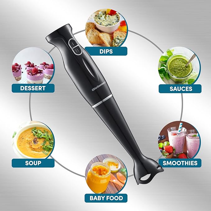 Elite Gourmet EHB1023 Immersion Hand Blender 300 Watts 2 Speed Mixing with Detachable Blades, Detachable Wand Stick Mixer, Smoothies, Baby Food, Soup, Black