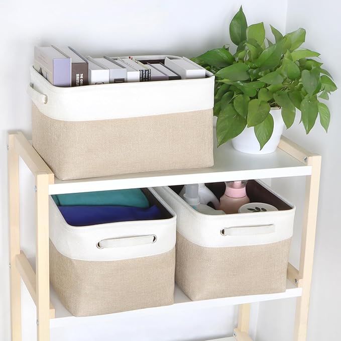 Kntiwiwo Foldable Storage Bin Collapsible Fabric Storage Basket Cube with Durable Handles Closet Organizer Bins for Organizing Shelves Drawers, Set of 3, 15" x 10" x 9.5", Beige