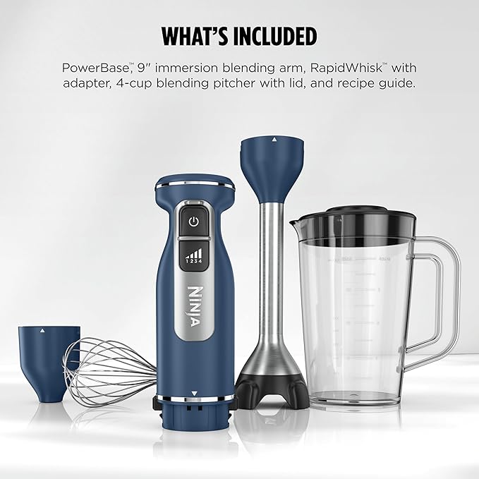 Ninja Immersion Blender and Whisk, Hand Stick Blender, 4 Speeds, with SplatterShield and PanProtect, 4-Cup Blending Vessel, Dishwasher Safe, 5-ft Cord, Ergonomic, Deep Navy, CI201ND
