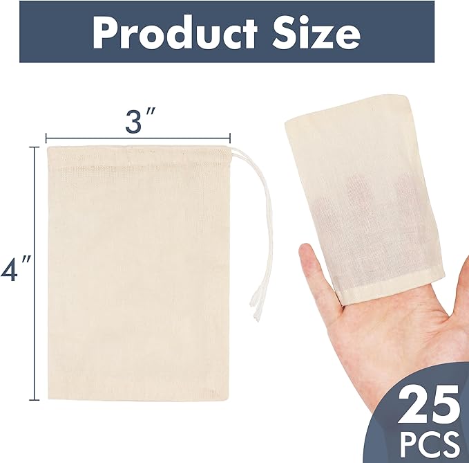 25-Pack Small Cheesecloth Bags, 4x3 Inches, Natural Unbleached Muslin Drawstring Bags for Straining Herbs, Cheese, Coffee, Tea, Soup, Gravy, Broth, Stew, and Spices