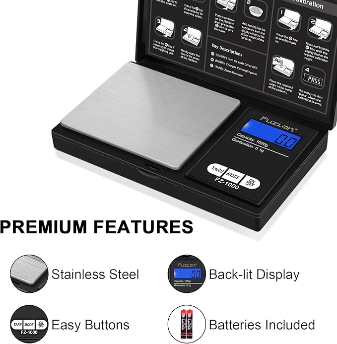 Fuzion Digital Pocket Gram Scale 1000g/0.1g, Small Digital Scales Grams Ounces Grains, Herb Scale, Jewelry Scale, Portable Travel Food Scale