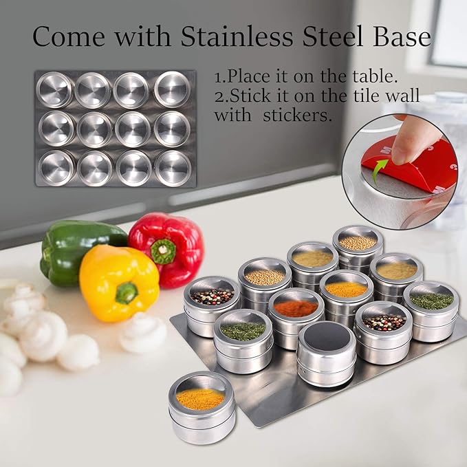Upgrade Magnetic Spice Jars 12pcs with Wall Mounted,Stainless Steel Spice Tins with Lid and Small Holes for Sprinkle Rust Free Easy to Clean Includes 94 Labeling Stickers by Beeyoka
