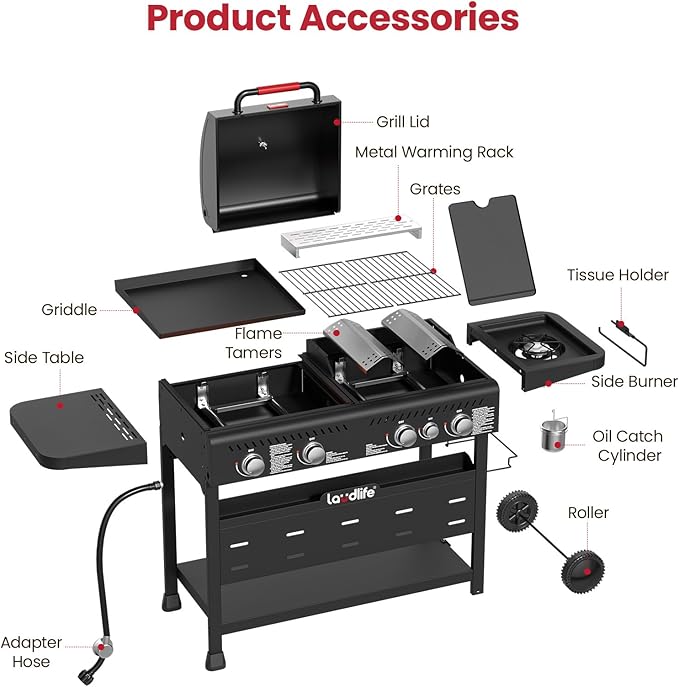 Griddle Grill Combo with Side Burner, 702 SQ.IN Cooking Space, 5 Burners Propane BBQ Grills of 50,000 BTU, Non-Stick Enamel Grate, Heavy-Duty Stand for Backyard BBQ & Outdoor Cooking