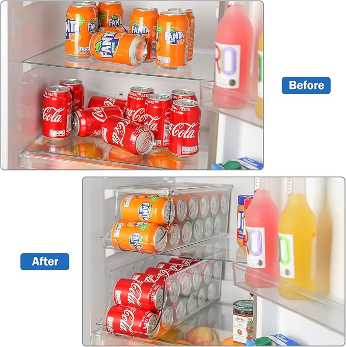 Puricon 2 Pack Soda Can Organizer Dispenser for Refrigerator, Plastic Canned Food Pop Beverage Container Holder Storage Bin with Lid for Freezer Rack Pantry Cabinet Cupboard Kitchen -Standard