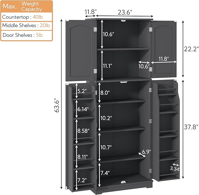Yusong 64'' Grey Kitchen Storage Cabinet, Tall Pantry Cabinet with Doors and Shelves, 17 Cubic Feet, Freestanding for Kitchen, Dining, Living Room