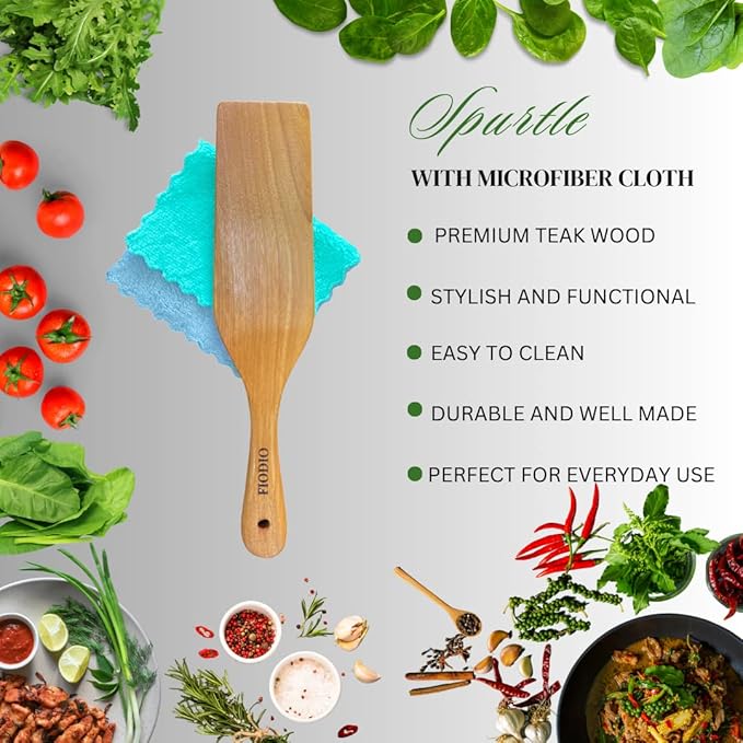 Teak Wooden Spatula, Spoons & Spurtle for Cooking – Handcrafted, Natural Non-Stick Kitchen Utensils with Comfort Grip & Microfiber Cloth