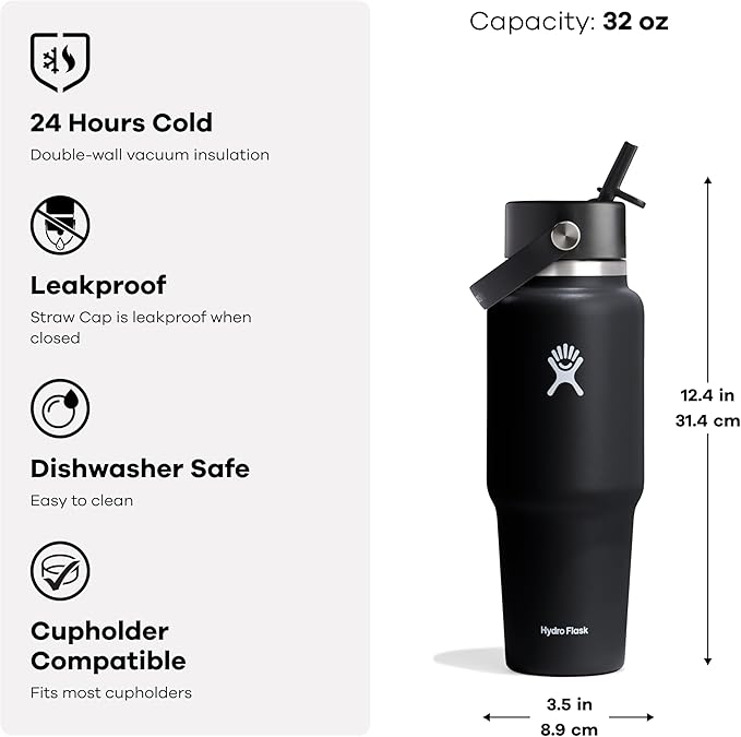 Hydro Flask Travel Water Bottle - Insulated Stainless Steel - Wide Straw Lid, Non Spill, Leakproof in 32 Oz Coconut Cream