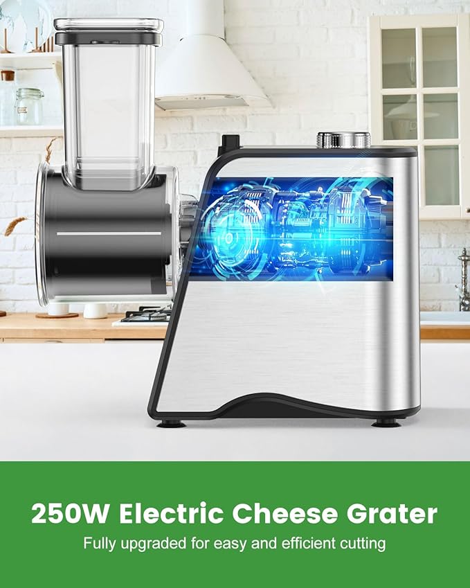 Electric Cheese Grater - 250W Electric Slicer Shredder Salad Maker with 5 Blades for Cheese, Vegetables, Fruits, and Salad, Easy One-Touch Control，5 in 1，Silver