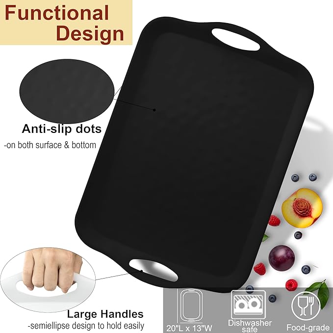 20" x 13" Large Serving Platters for Turkey, Cookie, Cupcakes, Gift Ready Melamine Serving Tray with Handles for Party Entertaining, Raised Dots & Matt Finish, Set of 2, Black