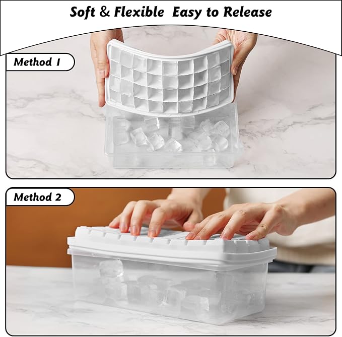 Silicone Ice Cube Tray with Leak-Proof Lid & Storage Bin for Freezer – BPA-Free 36-Piece Nugget Ice Molds, Spill-Resistant Cover & Ice Scoop Container Cover