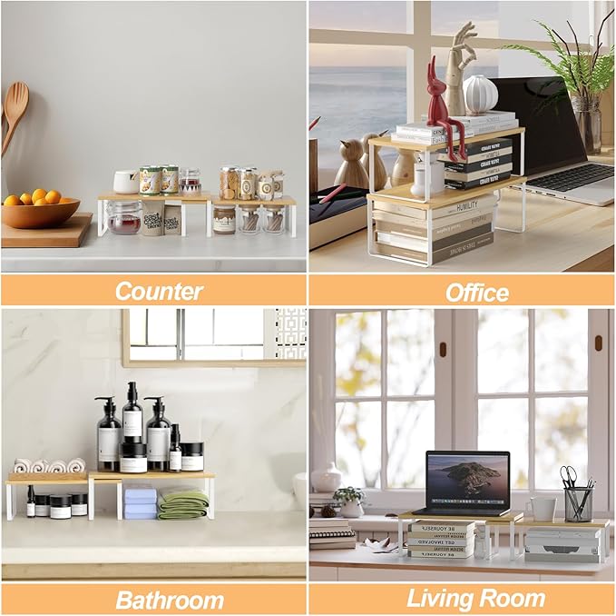 NEX Bamboo Cabinet Organizer Shelf, Set of 2 Kitchen Counter Shelves, Spice Rack, Stackable Kitchen Shelves Organizer, Pantry Cupboard Dish Mug Cup Storage Shelf, White and Natural