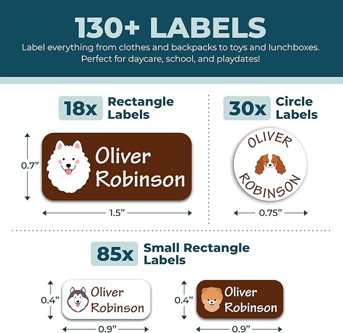 Personalized Daycare Name Labels for Kids (130 Labels) - Custom Waterproof Name Stickers for Clothing Tags, Water Bottles, Lunch Boxes and School Supplies (Dogs)