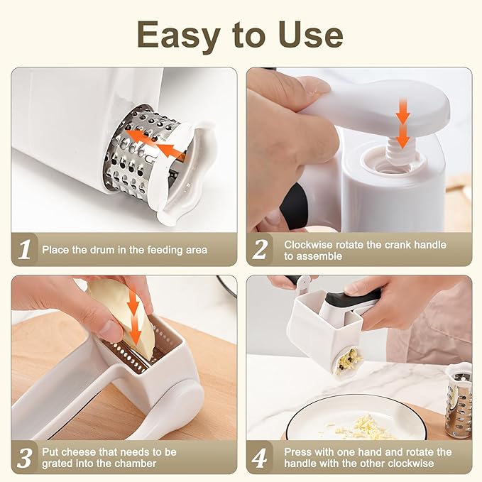 Cheese Grater with Hand Crank - 3 Adjustable Grating Drums for Parmesan & Hard Cheeses - Shatter-Resistant & Easy to Clean