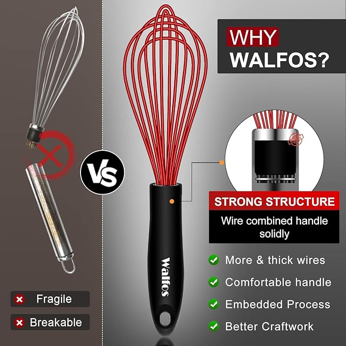Walfos Whisk, Silicone Whisk Heat Resistant (480°F) Kitchen Whisks Set of 4- Professional Whisks For Cooking Non Scratch, Balloon Egg Wisk Perfect for Frothing, Blending, Beating