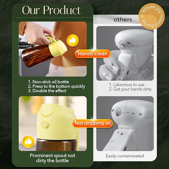 YARRAMATE 16oz/470ml Light Blocking Oil Sprayer for Cooking with Stickers, Food-Grade 2 in 1 Olive Oil Dispenser Bottle for Kitchen, Premium Dark Amber Glass Oil Bottle for Air Fryer, BBQ (Pomelo)