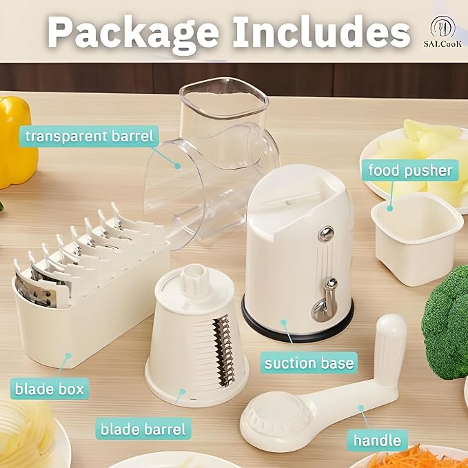 5-in-1 Manual Rotary Cheese Grater with Handle – Stainless Steel Replaceable Blades for Slicing, Shredding, Grinding & Wavy Cuts – Strong Suction Base, Blade Storage Box – White