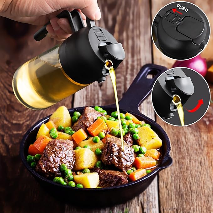 2 in 1 Glass Oil Sprayer & Dispenser,16oz/470ml Olive Cooking, Air Fryer, and Salad, for Kitchen Gadgets and Air Fryer Accessories, w/Stickers (Black + White Bottle 2)