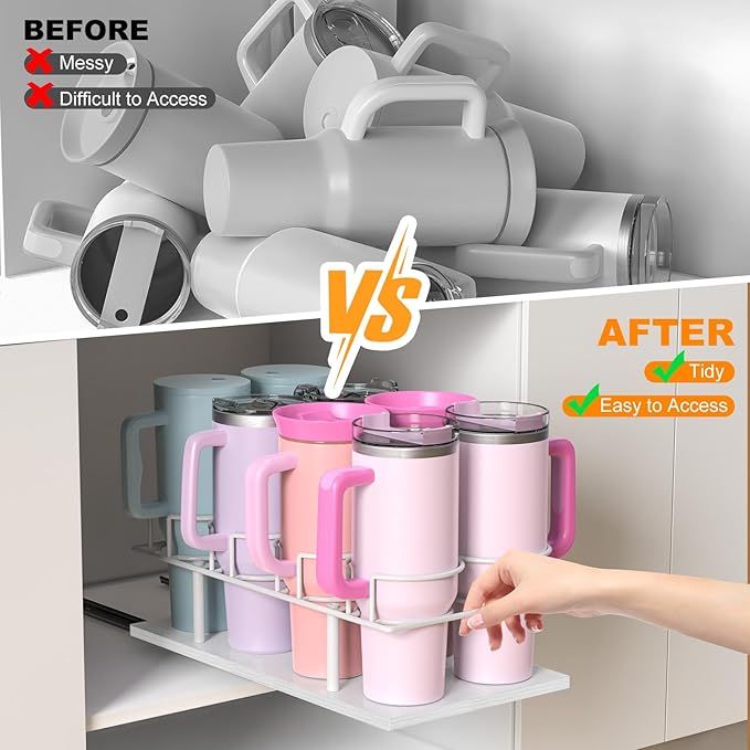 Housolution Pull Out Water Bottle Organizer for Cabinet, Slide Out Tumbler Storage Organizer for 10 to 40 oz Cups, Sliding Cup Holder Rack Compatible with Stanley, Owala and Other Brands, White