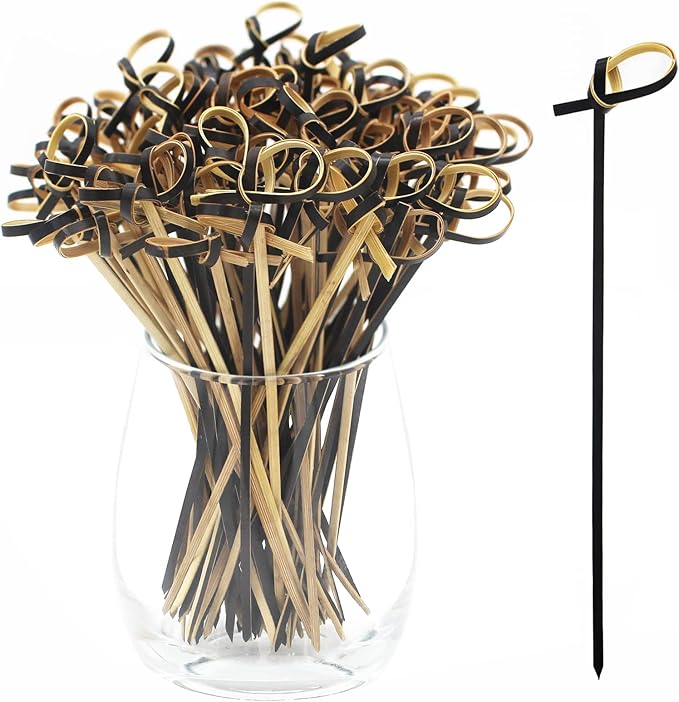 BLUE TOP Bamboo Cocktail Picks 100 PCS Black Bamboo Skewers 6 Inch with Looped Knot, Food Picks,Party Toothpicks for Appetizers,Cocktail Drinks,Barbecue Snacks,Club Sandwiches.