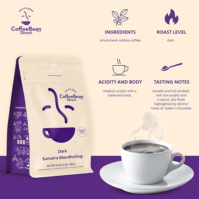 Coffee Bean Direct Dark Sumatra Mandheling, Whole Bean Coffee, Arabica Coffee, Dark Roast, 1 Pound Bag (Pack of 1)