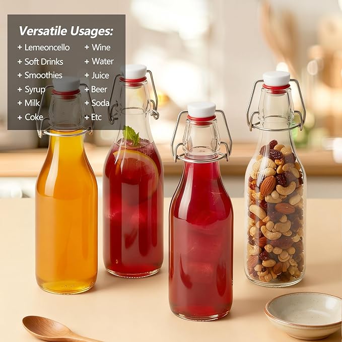 Ruckae 12 Pack 8.5oz Swing Top Glass Bottles with Lids Kombucha Coquito Flip Top Glass Bottle for Syrup Vanilla Extract Brew Beer Kefir Air Tight Bottles for Gift (8.5 oz 12 pack)