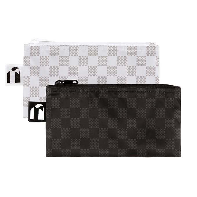 Roamio Reusable Snack Bags, for Kids School Lunch and for Adults Portion, Washable Fabric, Waterproof Cloth Zip Bag, Supplies Pack Travel Pouch, Food-Safe Storage, 2-pk Black Check and Off White