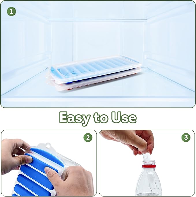 Lily's Home Silicone Ice Cube Tray with Lid Set of 2, BPA-Free, Ideal for Water Bottles & Sports Bottles, Flexible & Stackable Design for Quick Release, Ice Cube Trays for Freezer(11.81"*4.72"*0.95")