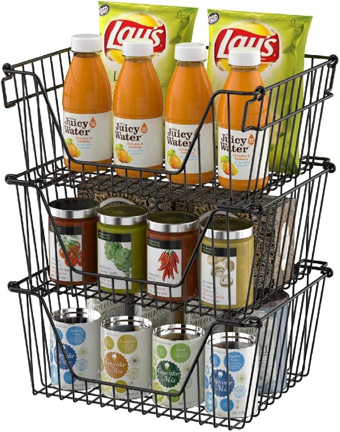 Slideep Wire Storage Baskets, Freezer Baskets Farmhouse Stackable Organizer Storage Bins Large Organizer for Storage, Office, Bathroom, Pantry Organization Storage with Handles 14" Black -Set of 3